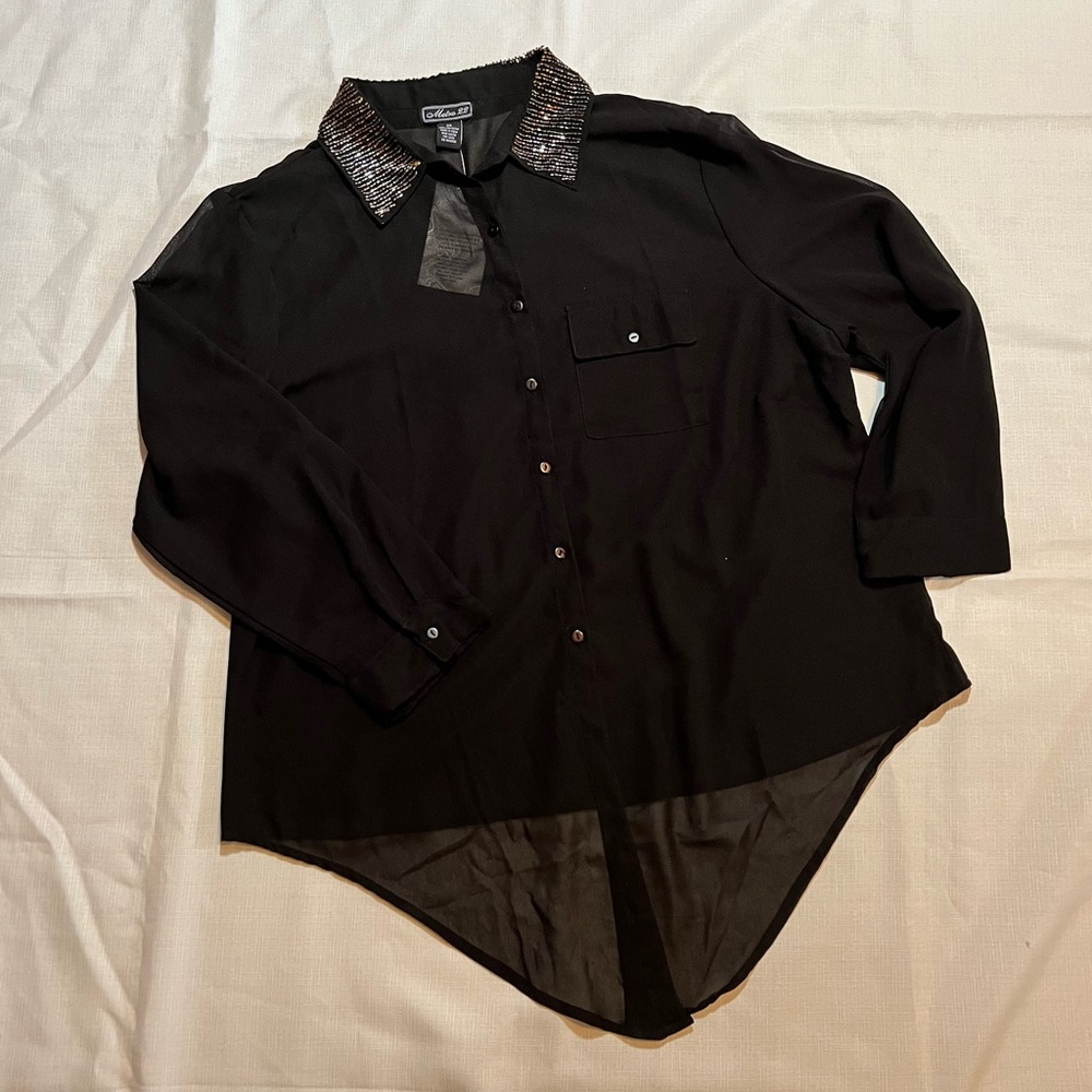 Metro 22 black blouse , sheer with gold/bronze beading on collar NWT  si…